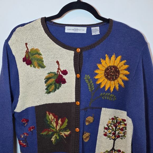 Marisa Christina Fall Sunflower Button Sweater Cardigan Size L Linen Cotton - Picture 2 of 6